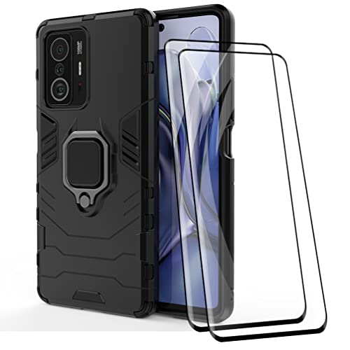 DOINK Ultra Panzerhülle für Xiaomi MI 11T / 11T Pro, TPU+PC StoßFest Hülle mit Ring Ständer [mit 2 Stück Panzerglas Displayschutzfolie ] - Schwarz von DOINK