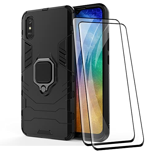 DOINK Ultra Panzerhülle für Xiaomi Redmi 9A / Redmi 9AT, TPU+PC StoßFest Hülle mit Ring Ständer [mit 2 Stück Panzerglas Displayschutzfolie ] - Schwarz von Onetobye
