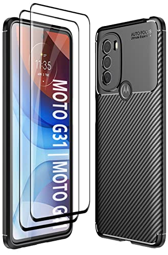DOINK Ultra Silicone Hülle für Motorola Moto G31 / Moto G41, Kohle Faser StoßFest Bumper Handyhülle [mit 2 Stück Panzerglas Displayschutzfolie ] - Schwarz von DOINK