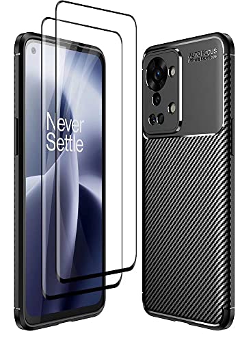 DOINK Ultra Silicone Hülle für OnePlus Nord 2T, Kohle Faser StoßFest Bumper Handyhülle [mit 2 Stück Panzerglas Displayschutzfolie ] - Schwarz von DOINK