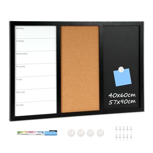 DOLLAR BOSS Kombitafel Pinnwand Magnettafel Whiteboard 50×70cm Kreidetafel, Magnetische Kreidetafel Kork Pinnwand Magnetisch, Schwarz Memoboard Küche Weekly Planner mit Stecknadeln Magneten und Marker von DOLLAR BOSS