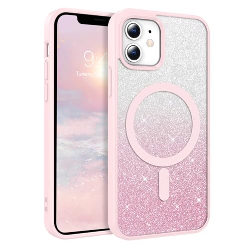 DOMAVER Glitzer Hülle für iPhone 12 Mini/iPhone 13 Mini Kompatible mit Mag Safe, Handyhülle iPhone 12 Mini/iPhone 13 Mini Case, 2 in 1 Use Transparent Magnetsich Schutzhülle für Damen Mädchen, Rosa von DOMAVER