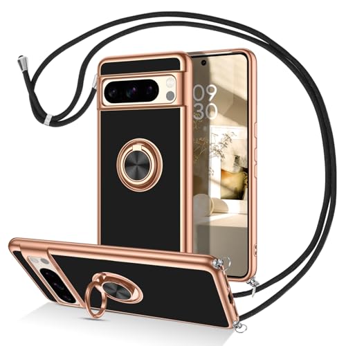 DOMAVER Google Pixel 8 Pro Hülle mit Band, Handyhülle Google Pixel 8 Pro Case mit 360 Grad Ring Ständer, mit Handykette, Galvanisierte TPU Stoßfeste Magnetische Autohalterung Schutzhülle,Schwarz von DOMAVER