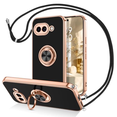 DOMAVER Google Pixel 9a Hülle mit Band, Handyhülle Google Pixel 9a Case mit 360 Grad Ring Ständer, Handykette Galvanisierte TPU Cover, Magnetische Autohalterung Schutzhülle, Schwarz von DOMAVER