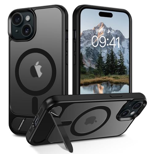 DOMAVER Hülle für iPhone 15 Plus/iPhone 14 Plus(6,7")-Magnetisch Integrierter unsichtbarer Ständer | Militärischer Fallschutz | Transparente Matt-Oberfläche | Kompatibel mit Mag-Safe Zubehör，Schwarz von DOMAVER