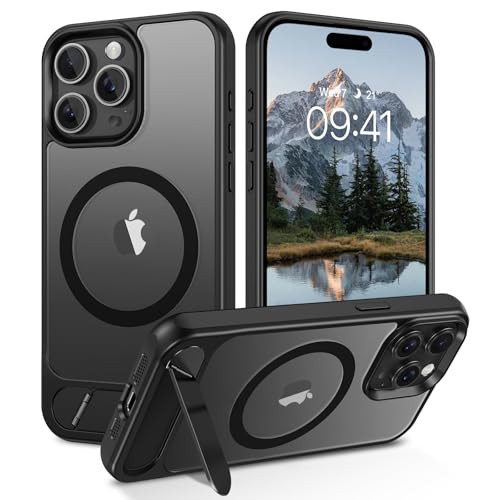 DOMAVER Hülle für iPhone 15 Pro (6,1") - Magnetisch Integrierter unsichtbarer Ständer | Militärischer Fallschutz | Transparente Matt-Oberfläche | Kompatibel mit Mag-Safe Zubehör， Schwarz von DOMAVER