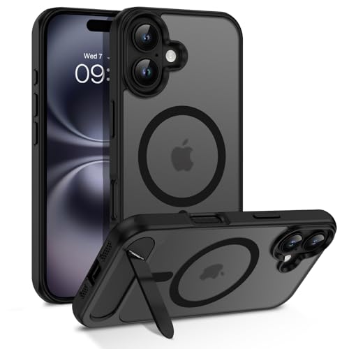DOMAVER Hülle für iPhone 16 Plus(6,7") - Magnetisch Integrierter unsichtbarer Ständer | Militärischer Fallschutz | Transparente Matt-Oberfläche | Kompatibel mit Mag-Safe Zubehör， Schwarz von DOMAVER