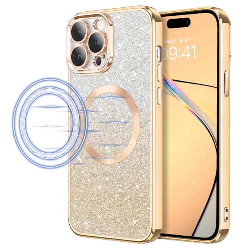 DOMAVER Magnetisch Hülle für iPhone 14 Pro Glitzer, Handyhülle iPhone 14 Pro 6.1" Case Kompatibel mit MagSafe, TPU Silikon Stoßfeste Kratzfest Crystal Magnetic Schutzhülle, Farbverlauf Gold von DOMAVER