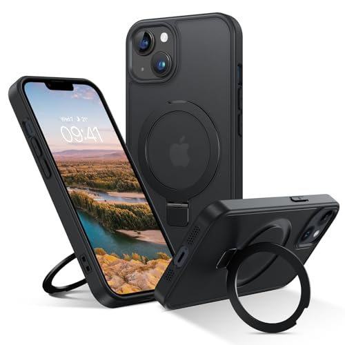 DOMAVER Magnetische Schutzhülle für iPhone 13/14 6,1 Zoll mit Ringhalterung, kompatibel mit MagSafe, unsichtbare Halterung, durchscheinend, matte Rückseite, stoßfest, Anti-Fingerabdruck, Schwarz von DOMAVER