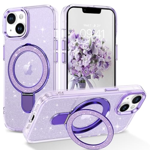 DOMAVER Magnetische Schutzhülle für iPhone 13 und iPhone 14 mit Ständer, kompatibel mit Mag Safe], glitzernde, durchscheinende, schlanke Rückseite, stoßfest, schützende weiche Hülle mit Bling von DOMAVER
