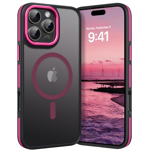 DOMAVER [Magnetische Schutzhülle für iPhone 16 Pro Max, transparent [kompatibel mit MagSafe], Hülle mit starkem Magnet, für iPhone 16 Pro Max, rutschfest, stoßfest, matt, Neonrosa von DOMAVER