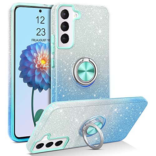 DOMAVER Samsung Galaxy S22 Hülle Glitzer, Handyhülle Samsung S22 5G Case mit 360 Grad Ring Halter, TPU Silikon Stoßfeste Kratzfest Crystal Schutzhülle für S22 6.1", Farbverlauf Blau von DOMAVER