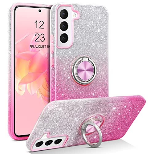 DOMAVER Samsung Galaxy S22 Hülle Glitzer, Handyhülle Samsung S22 5G Case mit 360 Grad Ring Ständer, TPU Silikon Stoßfeste Kratzfest Crystal Schutzhülle für S22 6.1", Farbverlauf Rosa von DOMAVER