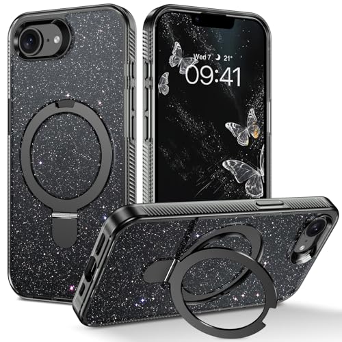 DOMAVER Schutzhülle für iPhone 16e/SE 4, kompatibel mit mag-safe, Standhalterung, transparent, glitzernd, glitzernd, glitzernd, für iPhone 16e/SE 4, 15,5 cm (6,1 Zoll), Schwarz von DOMAVER