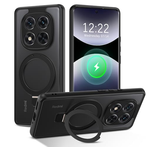 DOMAVER Xiaomi Redmi Note 14 Pro 5G Hülle mit Stander, Handyhülle Xiaomi Redmi Note 14 Pro Case kompatible mit Mag-Safe, Matt Transparente Ultra Dünne Rundumschutz Magnetisch Schutzhülle, Schwarz von DOMAVER