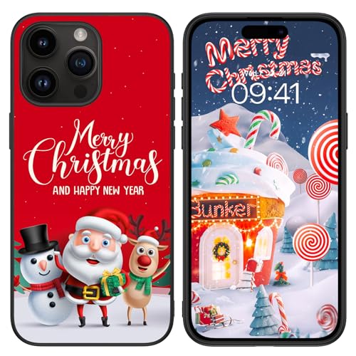 DOMAVER iPhone 15 Pro 6.1" Hülle, Handyhülle iPhone 15 Pro Weihnachten Rote Case, Christmas Niedlicher Muster Hirsch Weihnachtsmann Schneemann Schutzhülle – Rot von DOMAVER