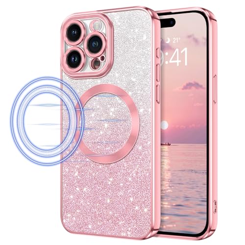 DOMAVER iPhone 15 Pro Hülle, Handyhülle iPhone 15 Pro 6.1'' Case Glitzer Kompatibel mit MagSafe,Stoßfest Magnetisch Crystal Dünn Schutzhülle, für Mädchen und Frauen,Farbverlauf Rosa von DOMAVER