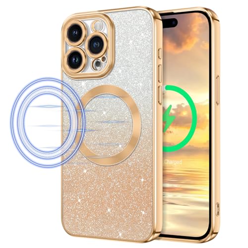 DOMAVER iPhone 15 Pro Max Hülle, Handyhülle iPhone 15 Pro Max 6.7'' Case Glitzer Kompatibel mit MagSafe Schutzhülle, für Mädchen und Frauen,Farbverlauf Gold von DOMAVER