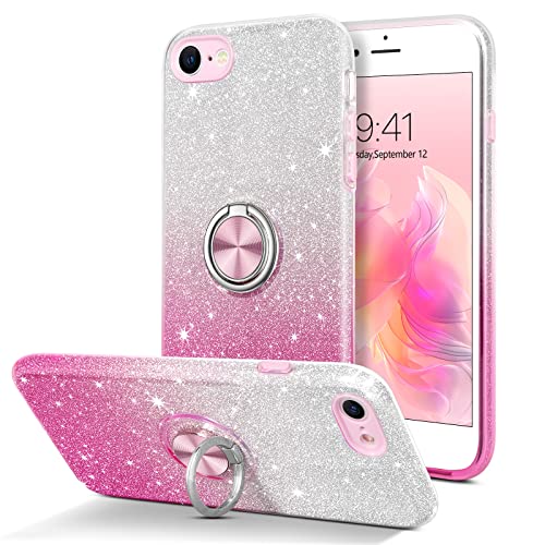 DOMAVER iPhone 8 Hülle Glitzer, Handyhülle iPhone SE 2020/2022 Case mit 360 Grad Ring Halter, iPhone 7 Hülle, TPU Silikon Stoßfeste Kratzfest Crystal Schutzhülle, Farbverlauf Rosa von DOMAVER