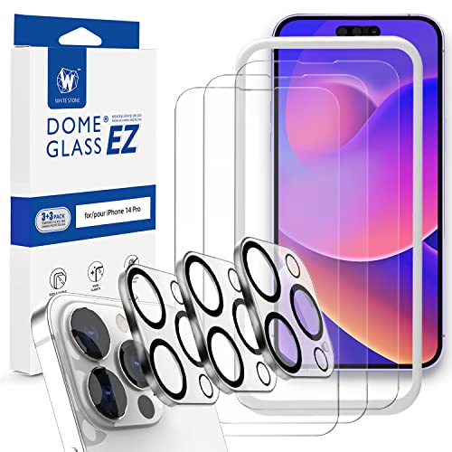 [Whitestone EZ] Glass 3pck + Cam 3pck – Apple iPhone 14 Pro Displayschutzfolie [Dome Glass EZ] Vollständige Glasabdeckung [Easy Install- JIG type ] von Whitestone für Apple iPhone 14 Pro von DOME GLASS