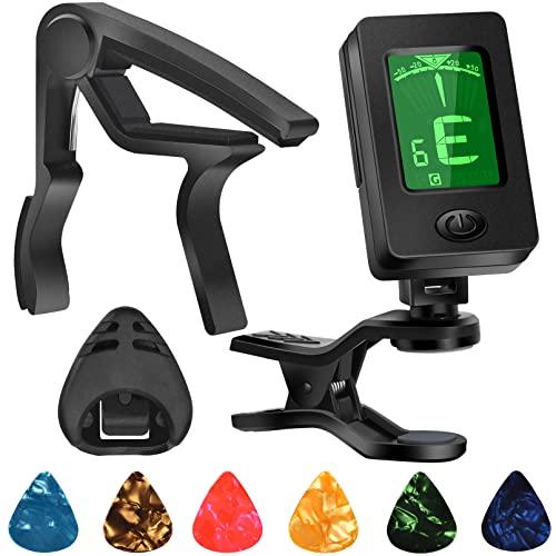 Gitarre Capo, Gitarre Plektrum, Gitarre Zubehör mit Stimmgerät Gitarre, Kapodaster für Gitarre, Bass, Bruzzfrei, Quick Release, Gitarre Tuner Clip für Gitarre, Violine, Bass (Black) von DOMMI