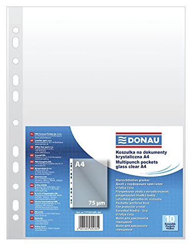 DONAU 1773910PL-00 Prospekthüllen Gelochte Klarsichthüllen für Dokumente Papiere Akten Ordner/PP Din A4, Glasklar Kristallin Klarsicht-Folien Transparent 75 mikron/µm, 10 stk. DONAU 1773910PL-00 Prospekthüllen Gelochte Klarsichthüllen für Dokumente Papiere Akten Ordner/PP Din A4, Glasklar Kristallin Klarsicht-Folien Transparent 75 mikron/µm, 10 stk. von DONAU