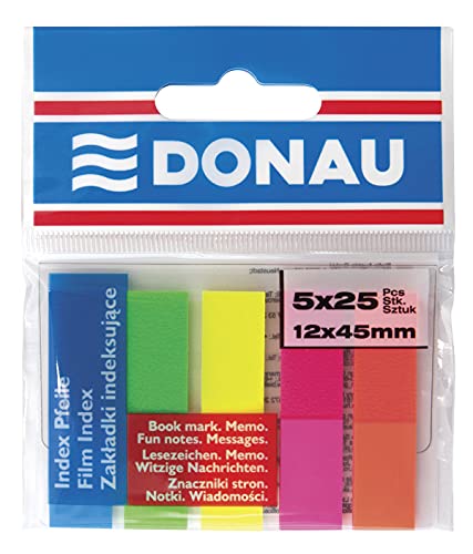 DONAU 7577001PL-99 Index Tabs Sticker Lesezeichen Haftstreifen/Mini-Haftmarker aus 60 μm PP-Folie/ 12x45 mm, 5x25 Stück, Textmarker-Streifen Beschreibbare/ Verschiedene Neon Farben von DONAU