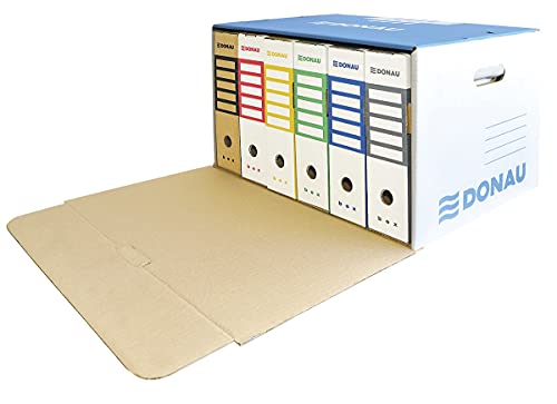 DONAU 7667301FSC-10 Verstärkte Archiv-box mit mit Frontklappe aus recyceltem Karton aus dreilagiger Wellpappe C Ablagebox Archivkarton | 5 Stück | Tragkraft bis 12 kg Farbe Blau | FSC® Zertifiziert von DONAU