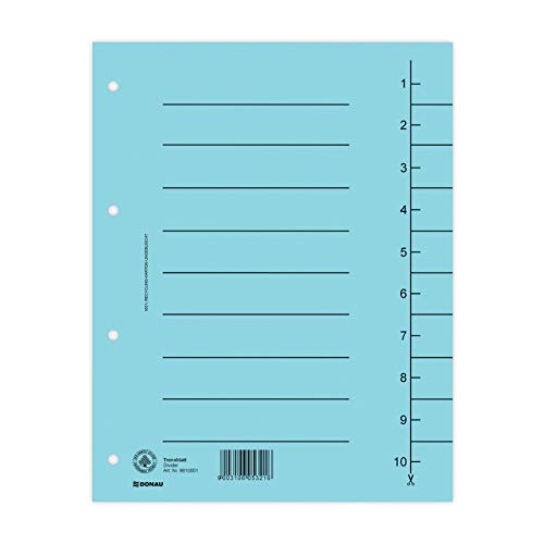 DONAU 8610001-10 100er Pack Trennblätter, Farbe: Blau/ Karton-Register überbreit Aus Recycling-Karton 250 g/qm mit Linienaufdruck für DIN A4 4-Fach Lochung Trennlaschen Trennblätter Ordner Register von DONAU