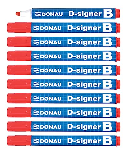 DONAU D-Signer B Tafel-Marker Whiteboard-Marker Boardmarker / 10 Stück/Rot/Rundspitze 2-4 mm/Trocknungsbeständig - bis zu 72 Stunden ohne Kappe/Nicht Toxische Tinte von DONAU