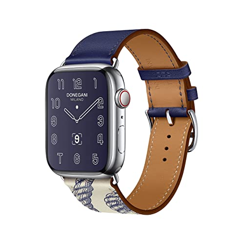 DONEGANI LB1 Armband für Apple Watch Leder Band Ultra 2 49mm, Series 10 46mm, 9 8 7 45mm 41mm, SE 6 5 4 44mm 40mm, 3 2 1 42mm 38mm damen herren Strap Tinte Blau Weiß von DONEGANI