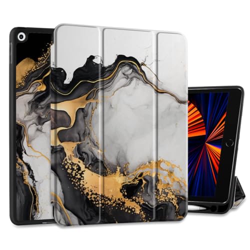 DONGKE Hülle Kompatibel mit iPad 10.2 Zoll 2021 2020 2019 iPad 9th/8th/7th Generation mit Stifthalter, Slim Stand Schutzhülle mit weicher TPU Rückseite, Auto Sleep/Wake Cover, Golden Marble von DONGKE
