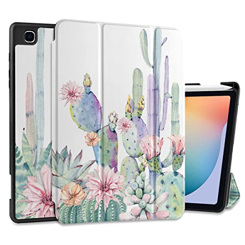 DONGKE Hülle für Samsung Galaxy Tab S6 Lite 10.4 2022/2020, Trifold Ständer + Stifthalter + Auto Wake/Sleep + Soft TPU Schutzhülle Stand Back Cover für Samsung Tablet (SM-P610/P613/ P615/P619), Kaktus von DONGKE