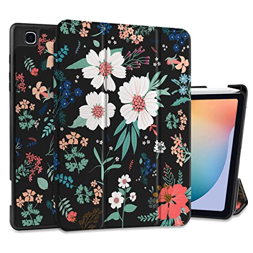 DONGKE Hülle für Samsung Galaxy Tab S6 Lite 10.4 2022/2020, Trifold Ständer + Stifthalter + Auto Wake/Sleep + Soft TPU Schutzhülle Stand Back Cover für Samsung Tablet (SM-P610/P613/ P615/P619), Blume von DONGKE