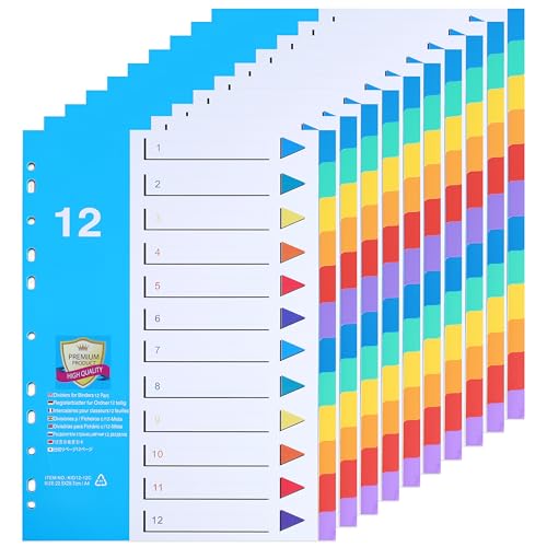 [10 Stück]12-teiliges Register für Ordner A4,Farbig Trennblätter für Ordner A4 aus PP mit Zahlen 1-12 Index,Ordner Trennblätter A4 von DONGLI