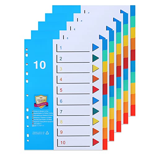 [5 Stück]10-teiliges Register für Ordner A4,Farbig Trennblätter für Ordner A4 aus PP mit Zahlen 1-10 Index,Ordner Trennblätter A4 von DONGLI