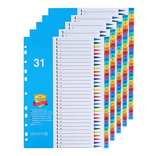 [5 Stück]31-teiliges Register für Ordner A4,Farbig Trennblätter für Ordner A4 aus PP mit Zahlen 1-31 Index,Ordner Trennblätter A4 von DONGLI