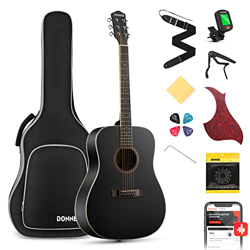 Donner Guitar Acoustic Beginners Full Size Acoustic Guitar Adult Set 4/4 Dreadnought 41 Inch with Gig Bag Capo Plectrums Strap Strings (Black) von DONNER