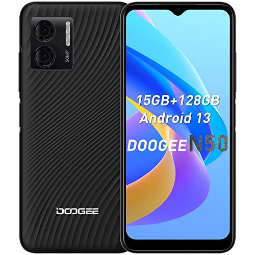 DOOGEE N50 Handy Ohne Vertrag(2023), Android 13 Smartphones, 15GB RAM 128GB ROM, 6,52" HD+ Octa-Core, Smartphone Ohne Vertrag 50MP+8MP, 4G Dual SIM/Face ID/Fingerabdruck/GPS, 4200mAh Akku, Schwarz von DOOGEE