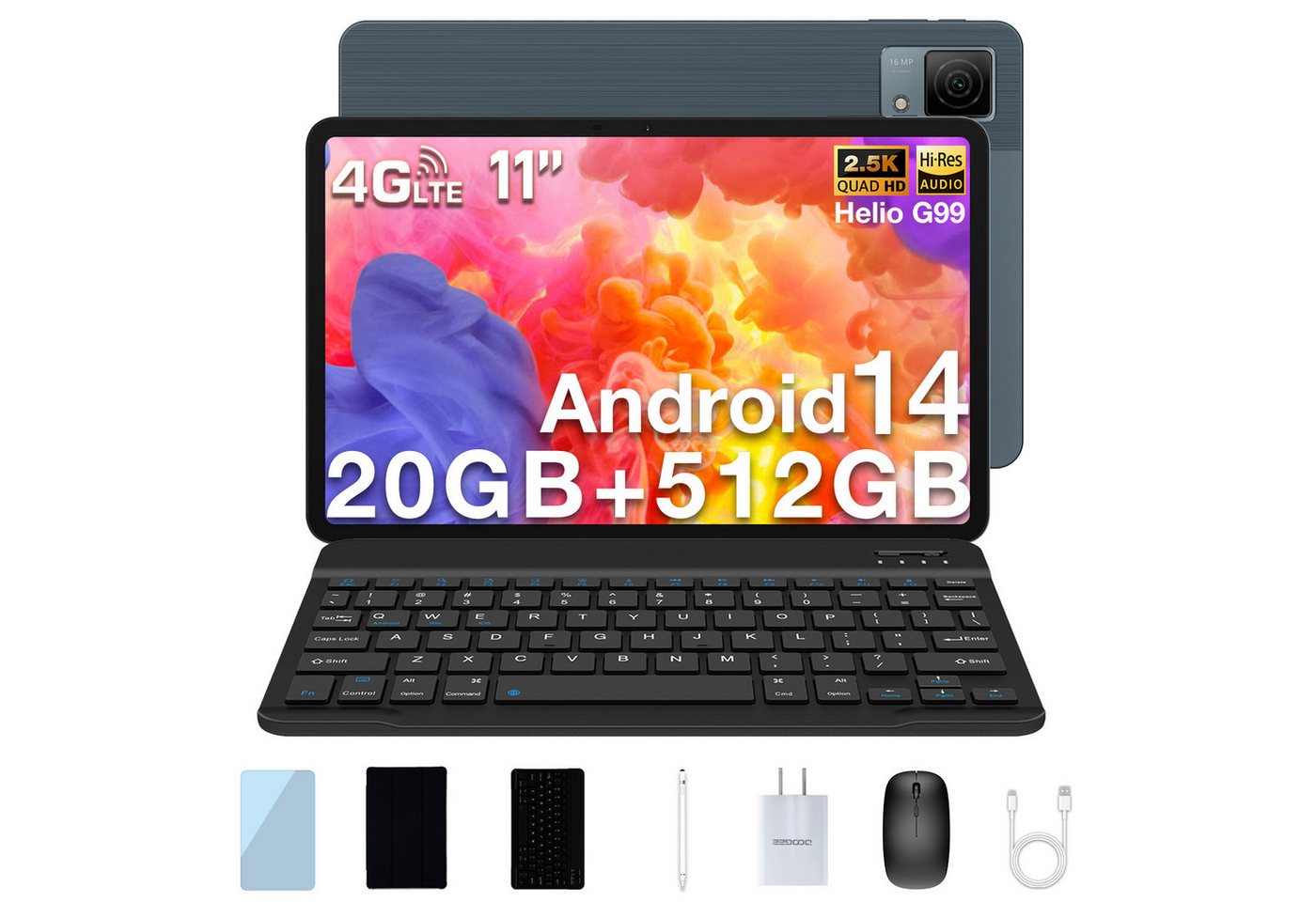 DOOGEE T40 Tablet mit Zubehör(Tastatur, Maus, Berührungsstift, Schutzhülle) Tablet (11", 512 GB, Android 14, 20GB+512GB, 8580mAh, 8MP+16MP, OTG/FM/Face Unlock) von DOOGEE