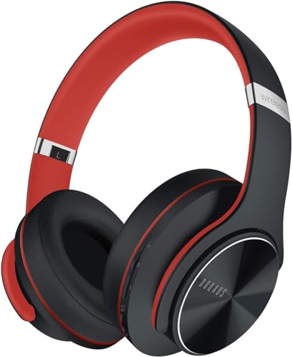 DOQAUS Bluetooth Kopfhörer Over Ear, Bis zu 90 Std Kabellose Kopfhörer mit 3 EQ-Modi,HiFi Stereo Faltbare Headset mit Mikrofon,weiche Ohrpolster für iPhone/ipad/Android/Laptops(Rot-Schwarz) von DOQAUS
