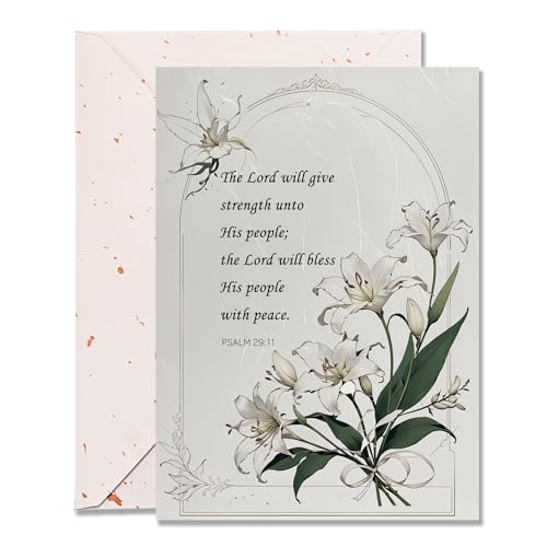 DORADUBO Christliche Trauerkarte mit Umschlag, 12,7 x 17,8 cm, elegantes weißes Lilien-Design, Bibelvers aus Psalm 29:11, religiöse Beileidsgrußkarte für Komfort und Frieden DORADUBO Christliche Trauerkarte mit Umschlag, 12,7 x 17,8 cm, elegantes weißes Lilien-Design, Bibelvers aus Psalm 29:11, religiöse Beileidsgrußkarte für Komfort und Frieden von DORADUBO