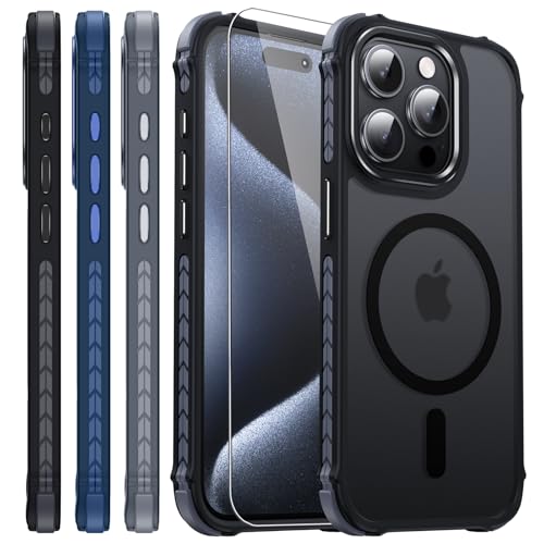 Bumper Handyhülle für iPhone 15 Pro Hülle mit Magsafe [Super Anti-Rutsch Farbseiten] [Alloy Kamerarahmen] Magnetisch Transluzent Case Militär Stoßfest Harte Schutzhülle für Frau Mann Frost Matt von DOSNTO