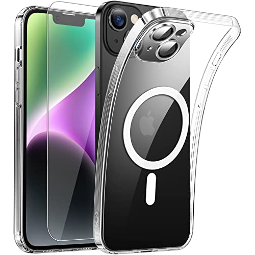 DOSNTO Clear Magnetisch für iPhone 14 Hülle mit MagSafe [Integriert Kameraschutz Glas] [Original iPhone Äußere] Durchsichtig Silikon Case Dünn [Niemals Gelb] Handyhülle Anti Fingerabdruck Schutzhülle von DOSNTO