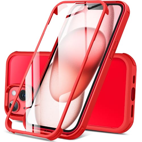 DOSNTO Doppelseitig Durchsichtig Hülle für iPhone 15 Plus (6.7''), 360 Grad Ganzkörper Stoßfeste und Fallschutz Transparent Handyhülle Eingebauter Gehärtetem Glas Displayschutzfolie Schutzhülle, Rot von DOSNTO