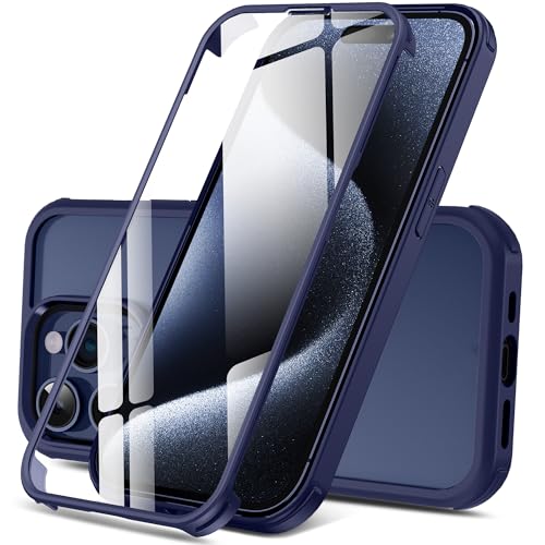 DOSNTO Doppelseitig Durchsichtig Hülle für iPhone 15 Pro Max (6.7''), 360 Grad Ganzkörper Stoßfeste & Fallschutz Transparent Handyhülle Eingebauter Gehärtetem Glas Displayschutzfolie Schutzhülle, Blau von DOSNTO