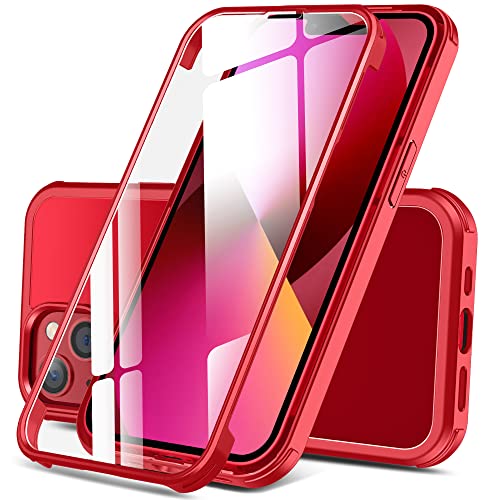 DOSNTO Doppelseitiger Durchsichtig Hülle für iPhone 13 (6.1''), 360 Grad Ganzkörper Stoßfeste und Fallschutz Transparent Handyhülle Eingebauter Gehärtetem Glas Displayschutzfolie Schutzhülle, Rot von DOSNTO