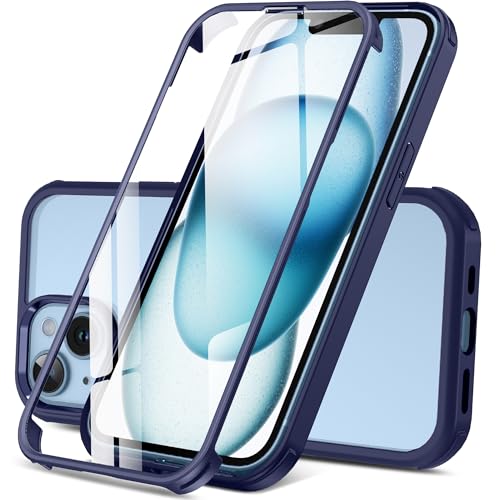 DOSNTO Doppelseitiger Durchsichtig Hülle für iPhone 15 (6.1''), 360 Grad Ganzkörper Stoßfeste und Fallschutz Transparent Handyhülle Eingebauter Gehärtetem Glas Displayschutzfolie Schutzhülle, Blau von DOSNTO