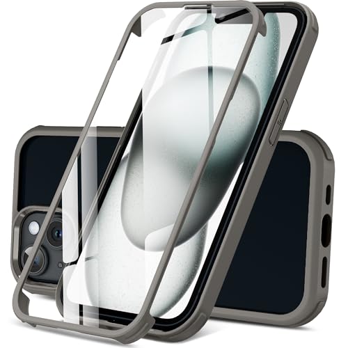 DOSNTO Doppelseitiger Durchsichtig Hülle für iPhone 15 (6.1''), 360 Grad Ganzkörper Stoßfeste und Fallschutz Transparent Handyhülle Eingebauter Gehärtetem Glas Displayschutzfolie Schutzhülle, Grau von DOSNTO