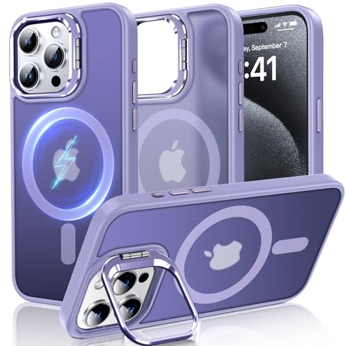 DOSNTO Handyhülle für iPhone 15 Pro Hülle mit Kamera Ständer, kompatibel mit MagSafe, Magnetisch Case Militär Stoßfest Schutz Hart Schutzhülle, Dünn Transluzent Matt Kratzfeste Rückseite Stand von DOSNTO
